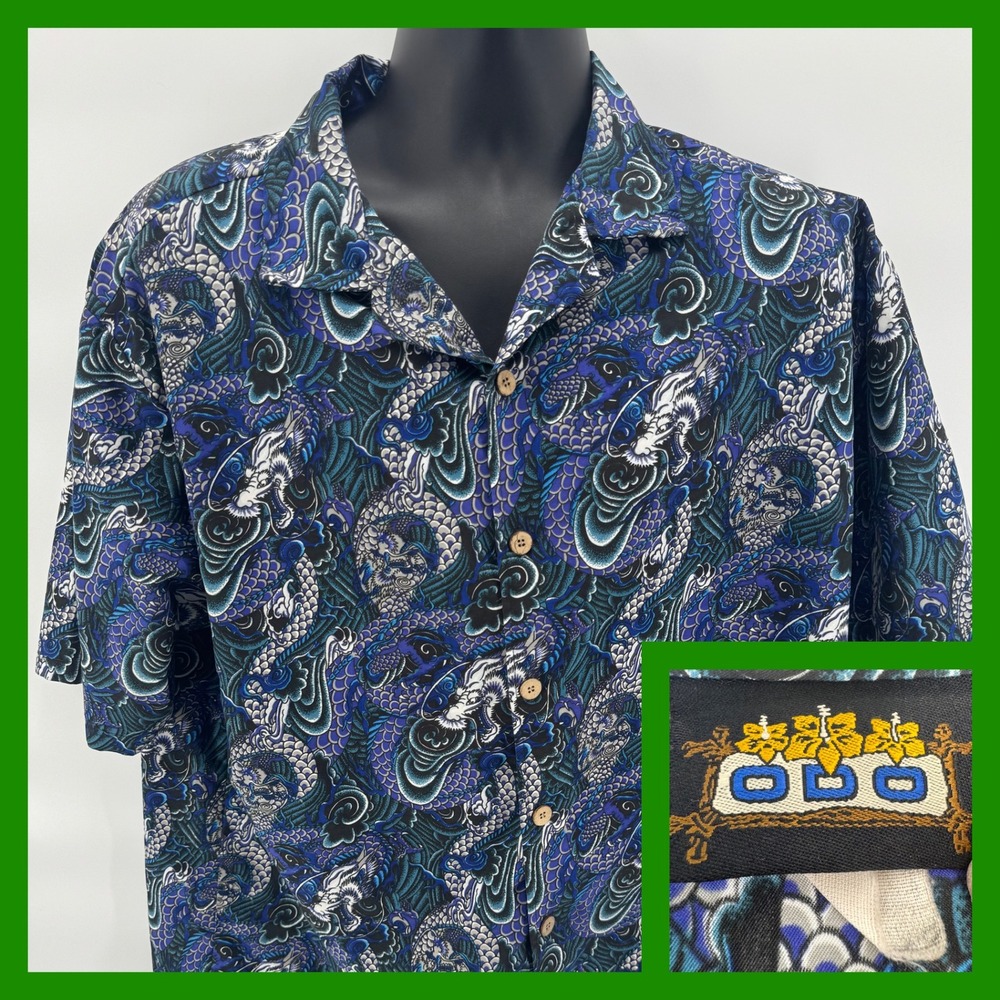 Vintage ODO Hawaiian Dragon Print Button Up Short‎ Sleeve Shirt Size Large